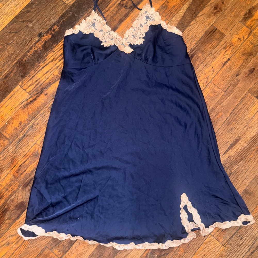 Navy Lace-Trim Satin Chemise Nightdress - Women